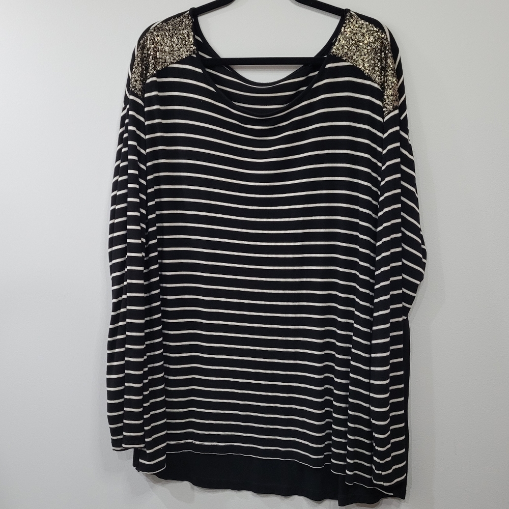 Love & Legend Black and White Striped Drop Shoulder Sequin Detail Top 3x